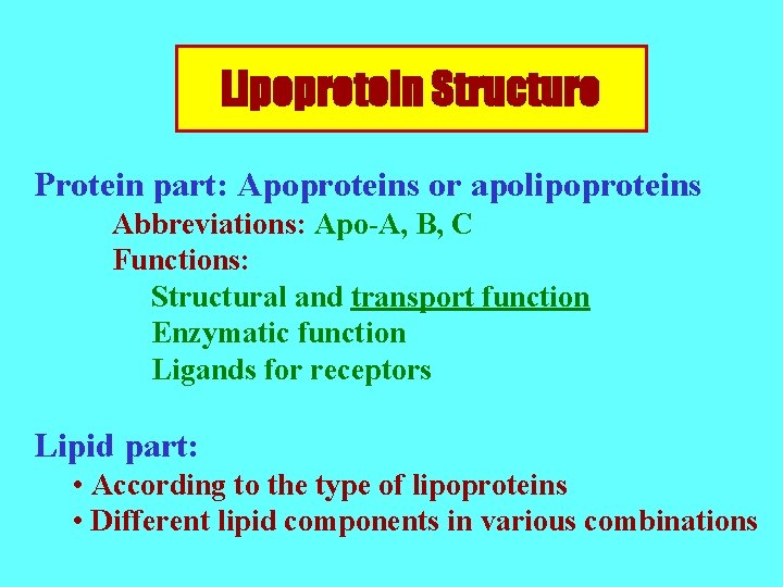 Lipoprotein Structure Protein part: Apoproteins or apolipoproteins Abbreviations: Apo-A, B, C Functions: Structural and