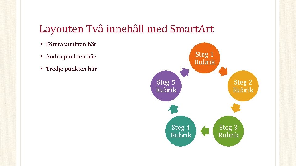 Layouten Två innehåll med Smart. Art • Första punkten här Steg 1 Rubrik •