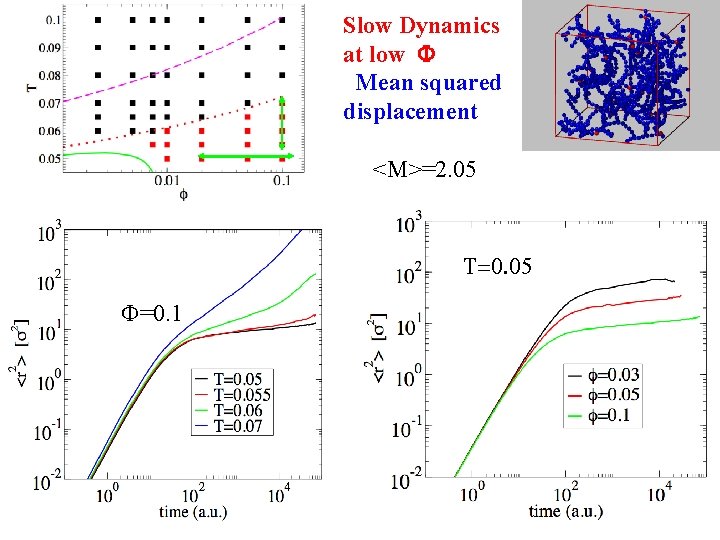 Slow Dynamics at low F Mean squared displacement <M>=2. 05 T=0. 05 F=0. 1