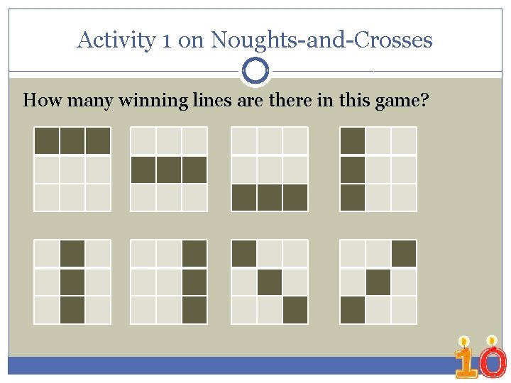 Activity 1 on Noughts-and-Crosses How many winning lines are there in this game? 