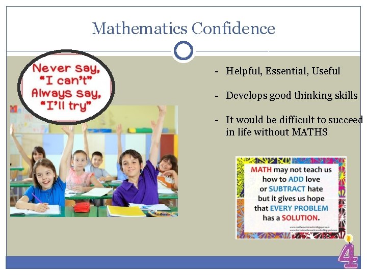 Mathematics Confidence - Helpful, Essential, Useful - Develops good thinking skills - It would