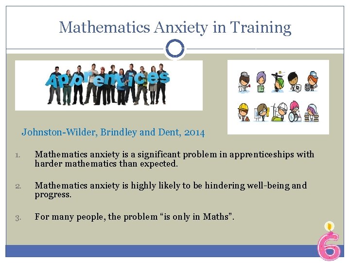Mathematics Anxiety in Training Johnston-Wilder, Brindley and Dent, 2014 1. Mathematics anxiety is a