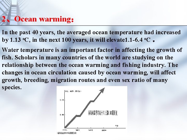2、Ocean warming： In the past 40 years, the averaged ocean temperature had increased by