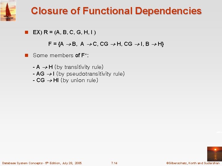Closure of Functional Dependencies n EX) R = (A, B, C, G, H, I