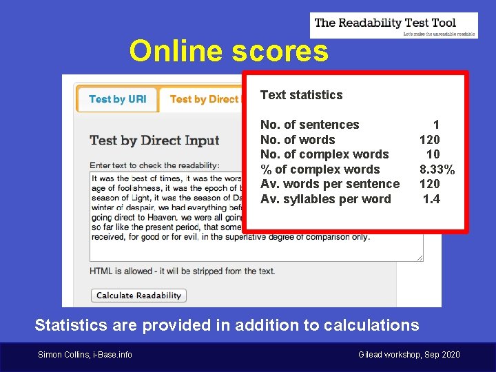 Online scores Text statistics No. of sentences No. of words No. of complex words