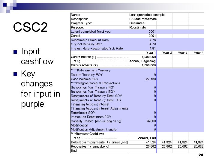 CSC 2 n n Input cashflow Key changes for input in purple 24 