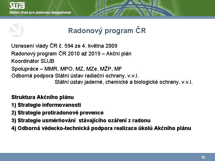 Radonový program ČR Usnesení vlády ČR č. 594 ze 4. května 2009 Radonový program