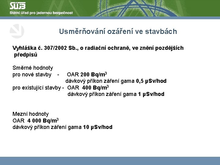 Usměrňování ozáření ve stavbách Vyhláška č. 307/2002 Sb. , o radiační ochraně, ve znění