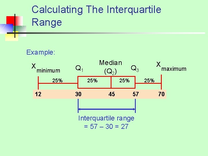 Calculating The Interquartile Range Example: X minimum Q 1 25% 12 Median (Q 2)