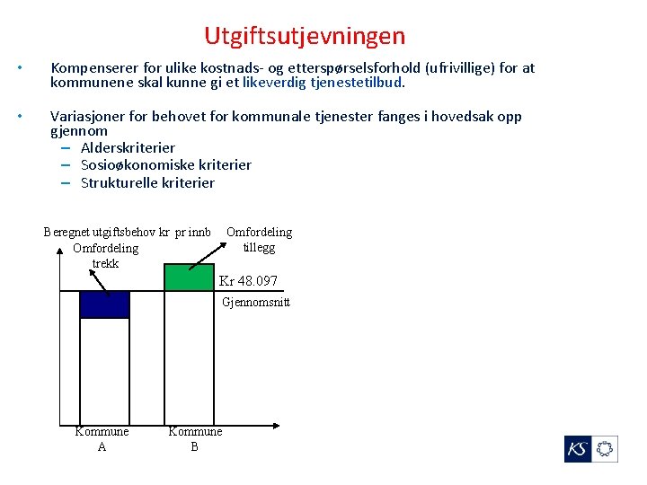 Utgiftsutjevningen • Kompenserer for ulike kostnads- og etterspørselsforhold (ufrivillige) for at kommunene skal kunne