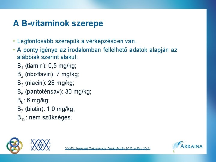 A B-vitaminok szerepe • Legfontosabb szerepük a vérképzésben van. • A ponty igénye az