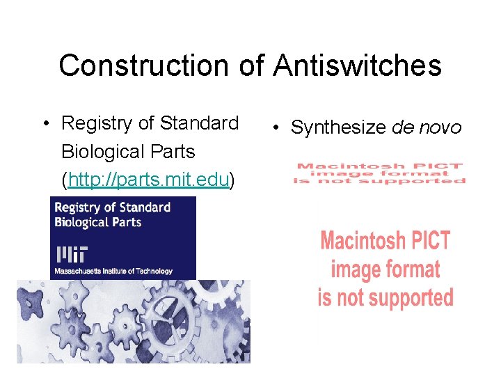 Construction of Antiswitches • Registry of Standard Biological Parts (http: //parts. mit. edu) •