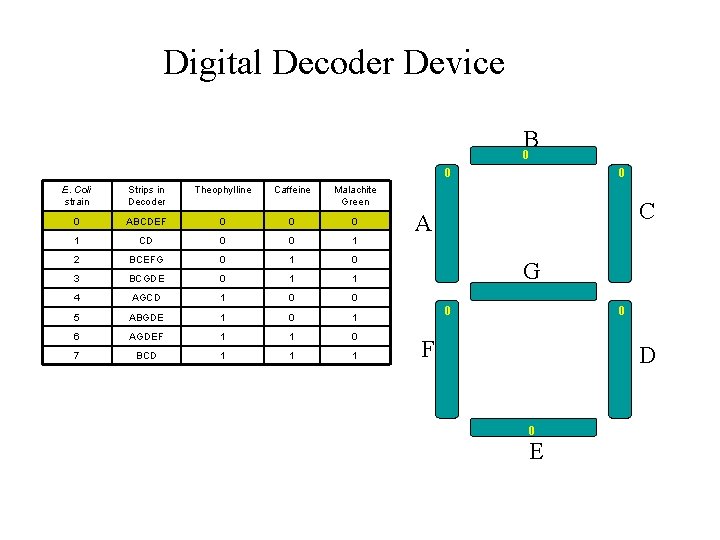 Digital Decoder Device B 0 0 E. Coli strain Strips in Decoder Theophylline Caffeine