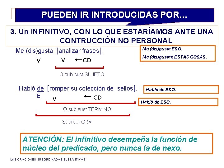 PUEDEN IR INTRODUCIDAS POR… 3. Un INFINITIVO, CON LO QUE ESTARÍAMOS ANTE UNA CONTRUCCIÓN PUEDEN IR INTRODUCIDAS POR… 3. Un INFINITIVO, CON LO QUE ESTARÍAMOS ANTE UNA CONTRUCCIÓN