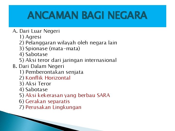 ANCAMAN BAGI NEGARA A. Dari Luar Negeri 1) Agresi 2) Pelanggaran wilayah oleh negara