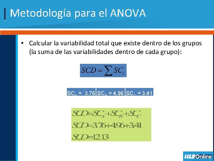 Metodología para el ANOVA • Calcular la variabilidad total que existe dentro de los