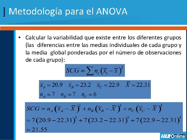 Metodología para el ANOVA • Calcular la variabilidad que existe entre los diferentes grupos