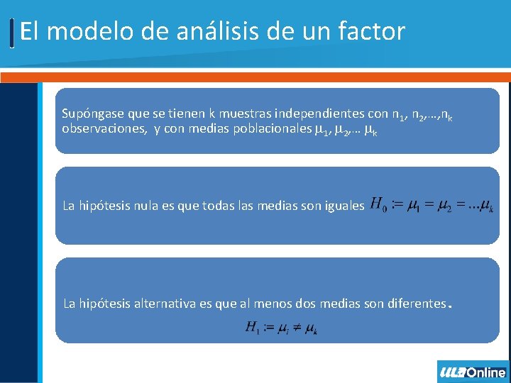 El modelo de análisis de un factor Supóngase que se tienen k muestras independientes