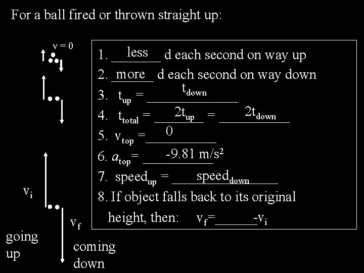 For a ball fired or thrown straight up: v=0 vi going up vf less