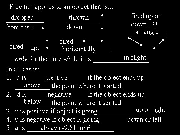 Free fall applies to an object that is… dropped ______ from rest: thrown _____