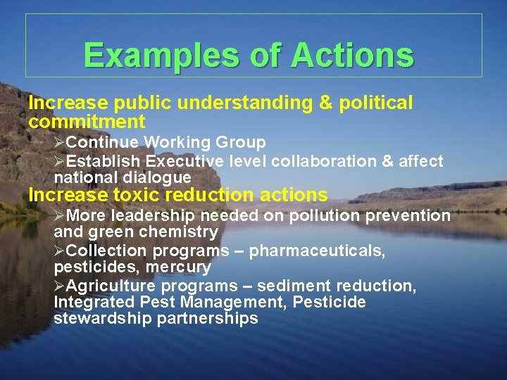 Examples of Actions Increase public understanding & political commitment ØContinue Working Group ØEstablish Executive