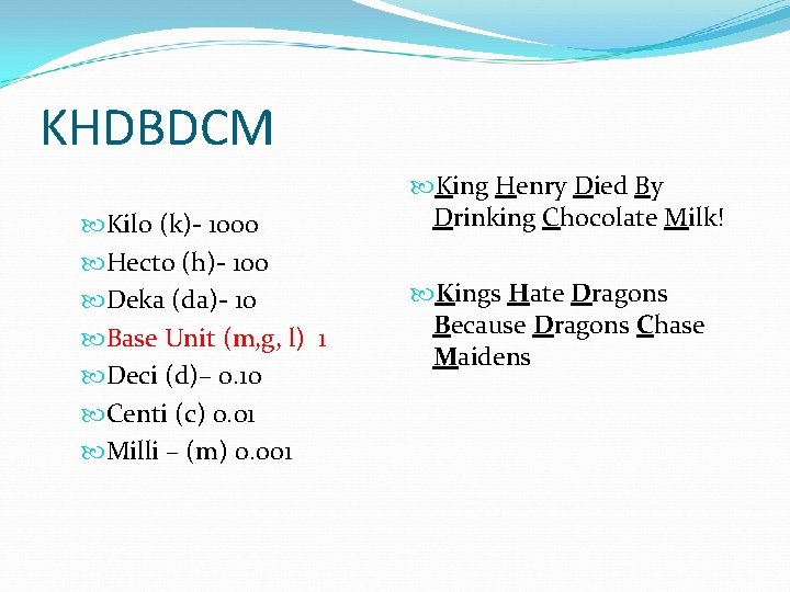 KHDBDCM Kilo (k)- 1000 Hecto (h)- 100 Deka (da)- 10 Base Unit (m, g,