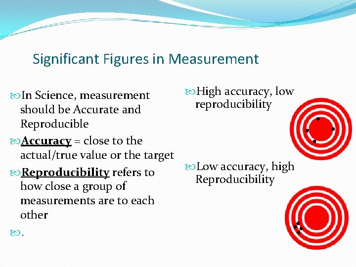 Significant Figures in Measurement High accuracy, low In Science, measurement reproducibility should be Accurate