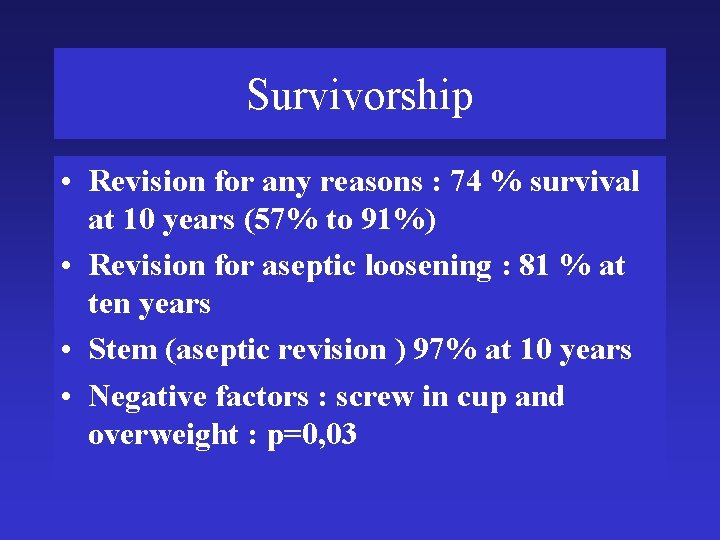 Survivorship • Revision for any reasons : 74 % survival at 10 years (57%