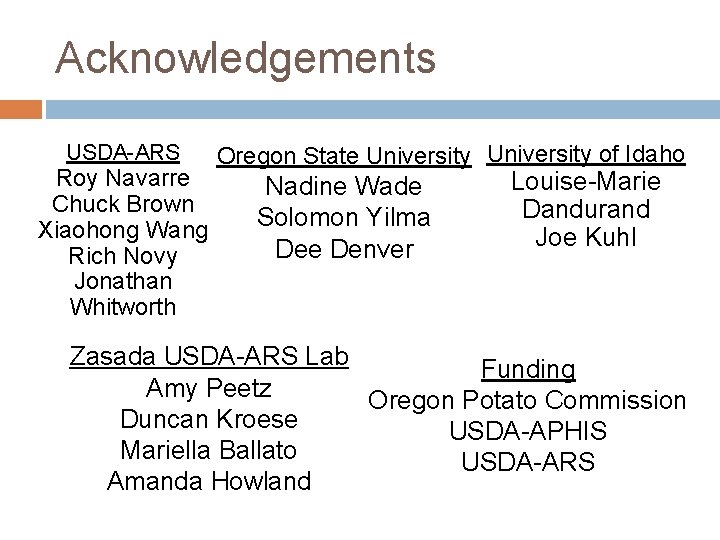 Acknowledgements USDA-ARS Roy Navarre Chuck Brown Xiaohong Wang Rich Novy Jonathan Whitworth Oregon State