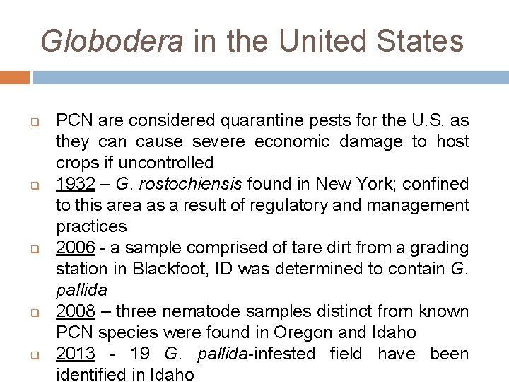 Globodera in the United States q q q PCN are considered quarantine pests for