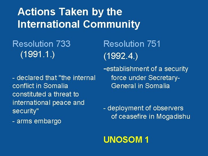 Actions Taken by the International Community Resolution 733 (1991. 1. ) - declared that