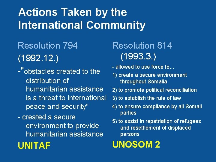 Actions Taken by the International Community Resolution 794 (1992. 12. ) -"obstacles created to