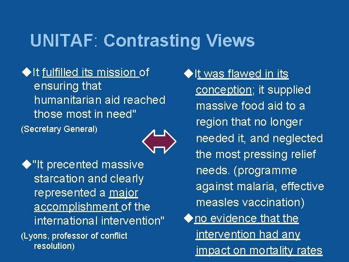 UNITAF: Contrasting Views ◆It fulfilled its mission of ensuring that humanitarian aid reached those