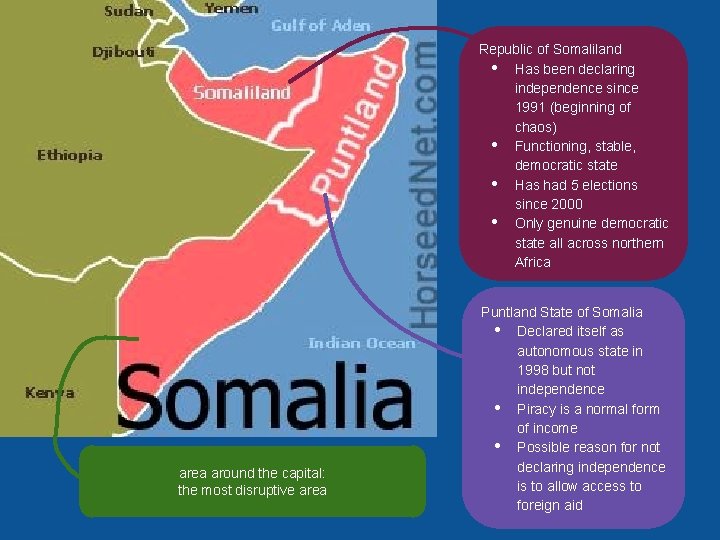 Republic of Somaliland • Has been declaring independence since 1991 (beginning of chaos) •