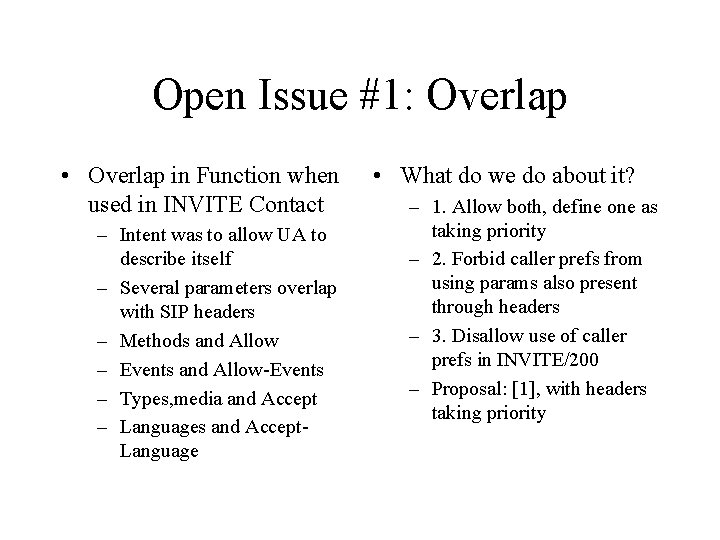 Open Issue #1: Overlap • Overlap in Function when used in INVITE Contact –