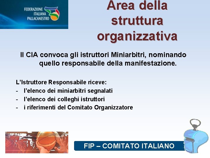 Area della struttura organizzativa Il CIA convoca gli istruttori Miniarbitri, nominando quello responsabile della