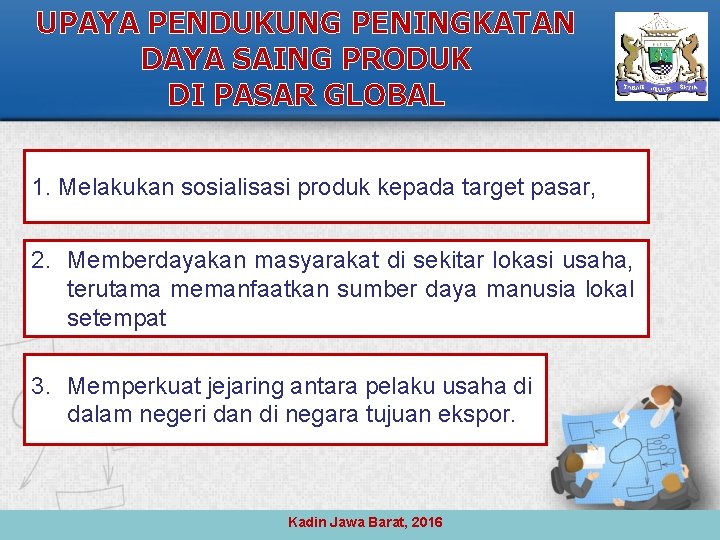 UPAYA PENDUKUNG PENINGKATAN DAYA SAING PRODUK DI PASAR GLOBAL 1. Melakukan sosialisasi produk kepada