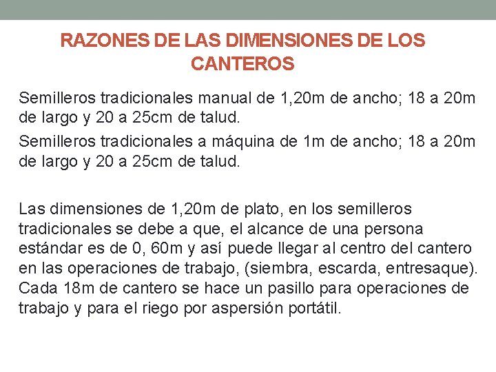 RAZONES DE LAS DIMENSIONES DE LOS CANTEROS Semilleros tradicionales manual de 1, 20 m