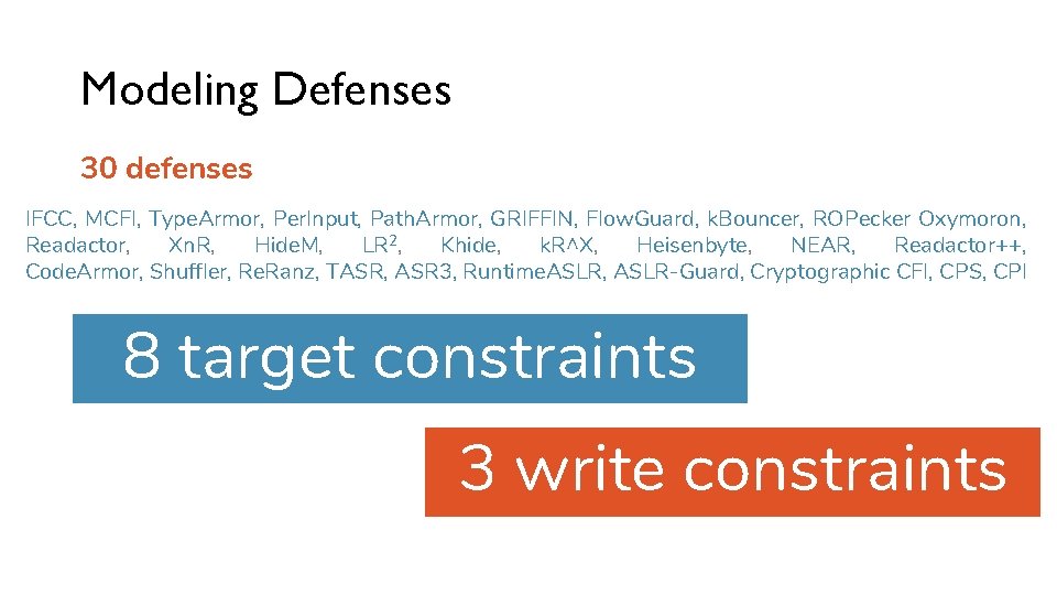 Modeling Defenses 30 defenses IFCC, MCFI, Type. Armor, Per. Input, Path. Armor, GRIFFIN, Flow.