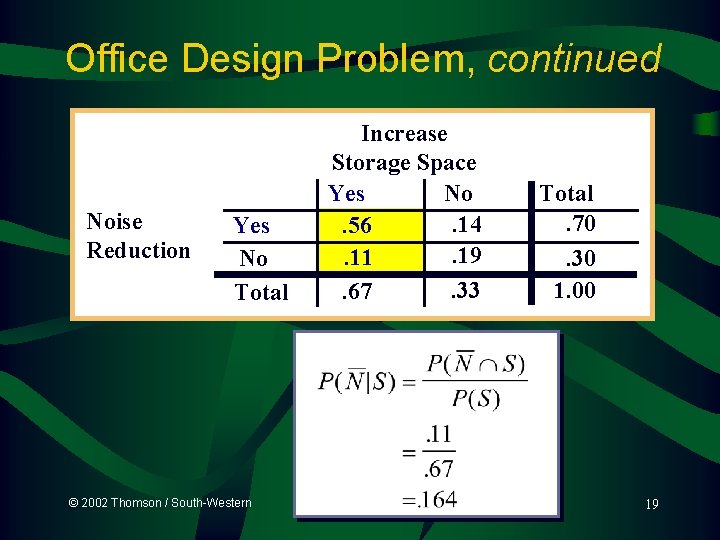 Office Design Problem, continued Noise Reduction Yes No Total © 2002 Thomson / South-Western