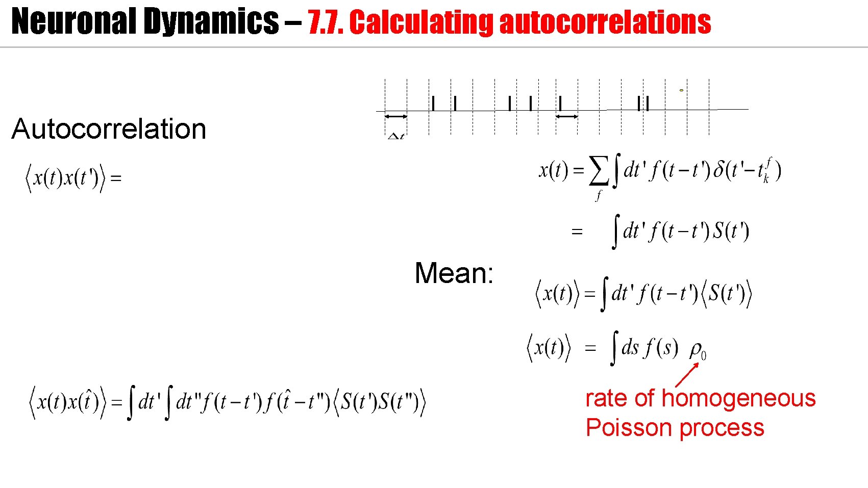 Neuronal Dynamics – 7. 7. Calculating autocorrelations Autocorrelation Mean: rate of homogeneous Poisson process