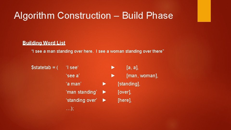 Algorithm Construction – Build Phase Building Word List “I see a man standing over