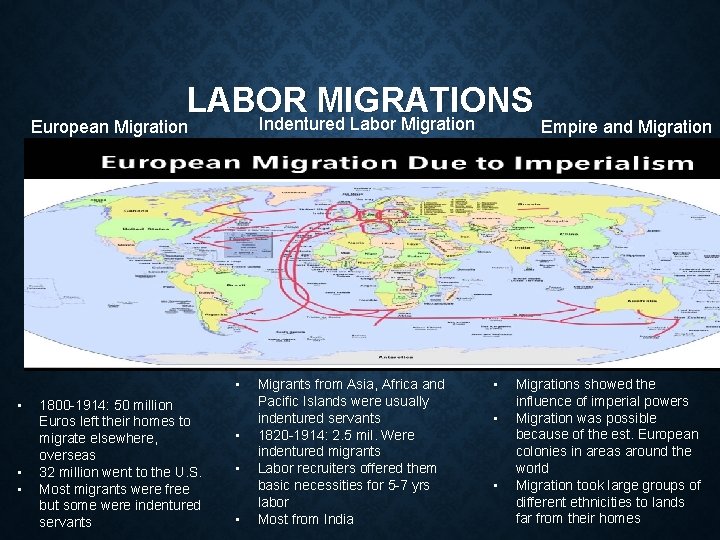 LABOR MIGRATIONS Indentured Labor Migration European Migration • • 1800 -1914: 50 million Euros