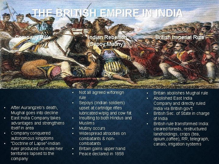 THE BRITISH EMPIRE IN INDIA Company Rule Indian Rebellion (Sepoy Mutiny) • • •