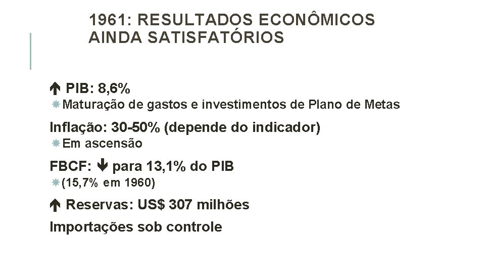 1961: RESULTADOS ECONÔMICOS AINDA SATISFATÓRIOS PIB: 8, 6% Maturação de gastos e investimentos de