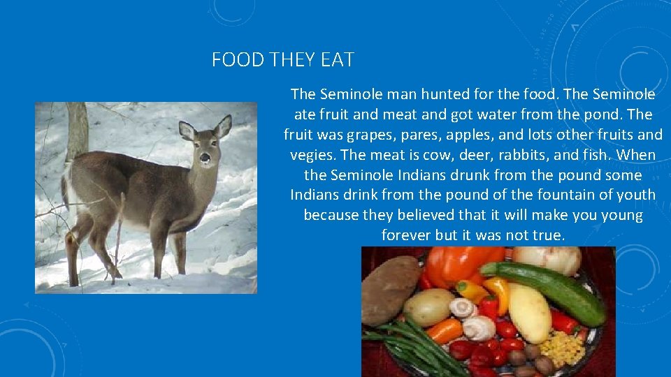 FOOD THEY EAT The Seminole man hunted for the food. The Seminole ate fruit