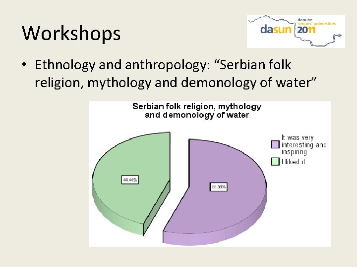 Workshops • Ethnology and anthropology: “Serbian folk religion, mythology and demonology of water” 