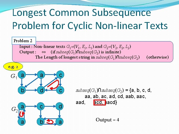 Longest Common Subsequence Problem for Cyclic Non-linear Texts Problem 2 Input : Non-linear texts