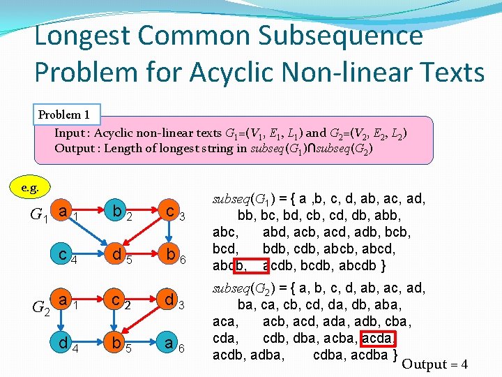 Longest Common Subsequence Problem for Acyclic Non-linear Texts Problem 1 Input : Acyclic non-linear