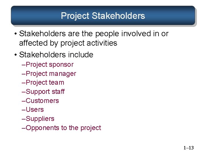 Project Stakeholders • Stakeholders are the people involved in or affected by project activities Project Stakeholders • Stakeholders are the people involved in or affected by project activities